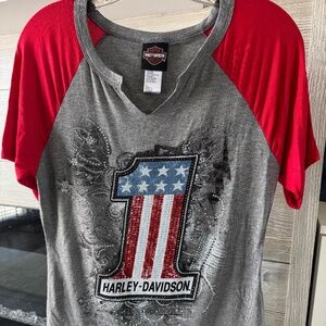 Harley-Davidson® Women's Bling Short Sleeve Raglan T-Shirt, Gray & Red HT4514CGY